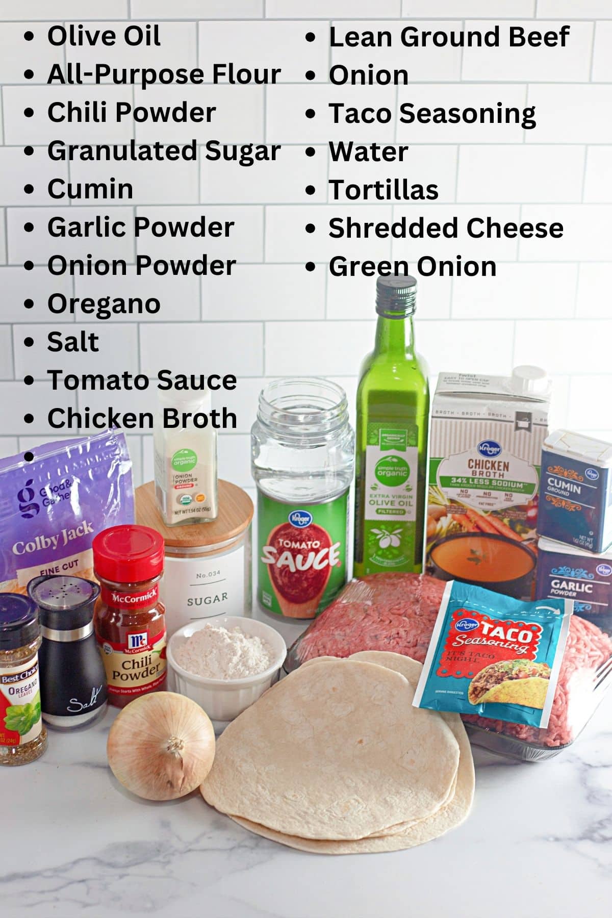 A list of ingredients for an enchilada recipe.
