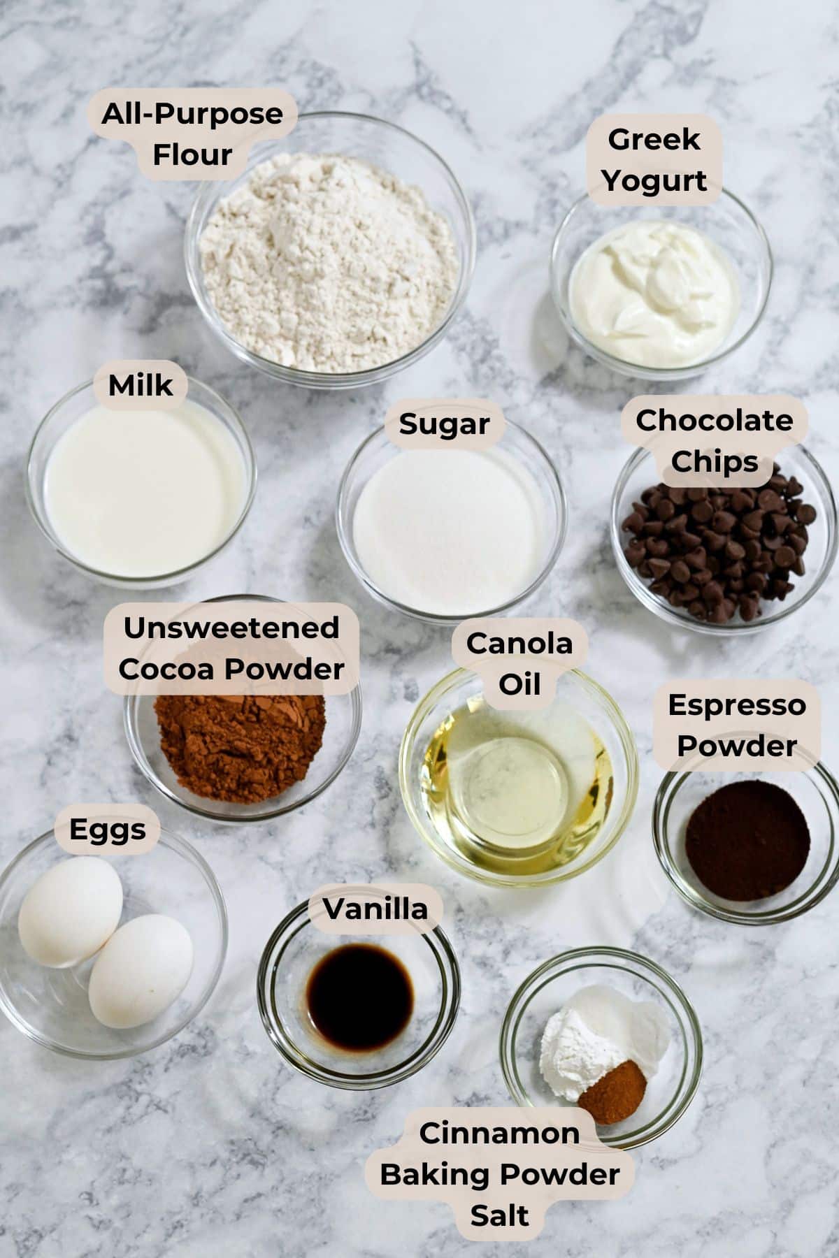 Twelve labeled bowls with ingredients for baking Chocolate Espresso Muffins, including flour, yogurt, milk, sugar, cocoa, oil, eggs, and spices.