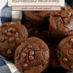 Five chocolate chip muffins rest on a blue and white checkered cloth, with text highlighting delicious Chocolate Espresso Muffins.