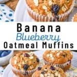 Banana blueberry oatmeal muffins on a plate, delicious and moist.