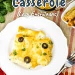 A plate of Chicken Taquito Casserole topped with olives and cheese, with text "Delicious and Cheesy Chicken Taquito Casserole.