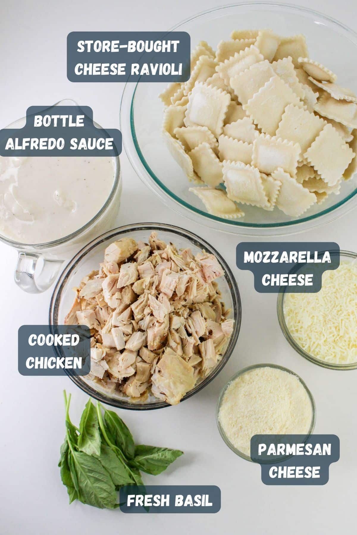 Ingredients for a dish including store-bought cheese ravioli, bottle of Alfredo sauce, cooked chicken, mozzarella cheese, Parmesan cheese, and fresh basil in separate bowls.