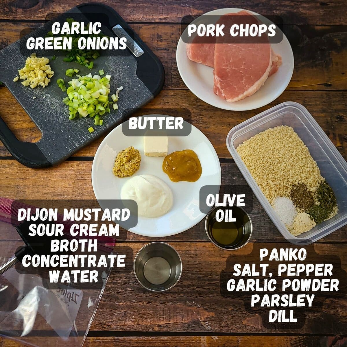 Ingredients laid out include chopped garlic and green onions, raw pork chops, butter, dijon mustard, sour cream, broth concentrate, water, olive oil, and panko with salt, pepper, garlic powder, parsley, and dill.