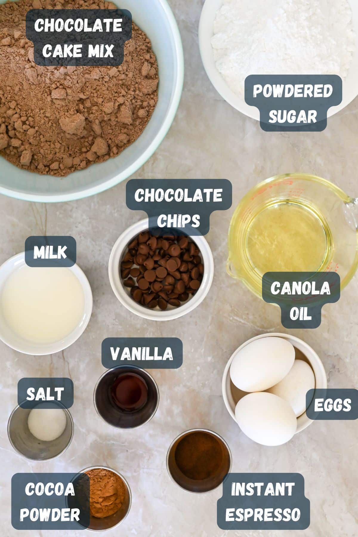 Ingredients for cake including chocolate cake mix, powdered sugar, chocolate chips, milk, canola oil, eggs, vanilla, salt, cocoa powder, and instant espresso.