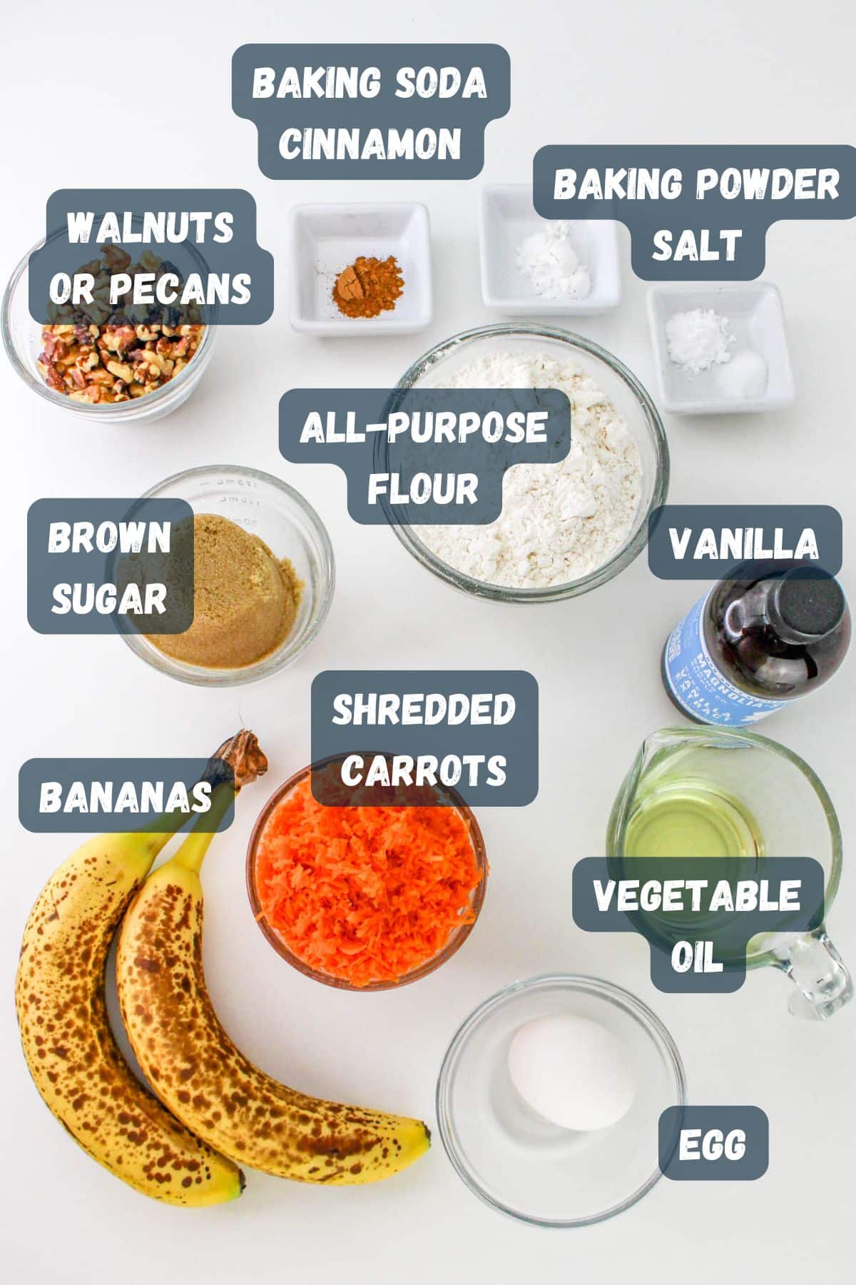 Ingredients including bananas, brown sugar, walnuts, flour, shredded carrots, baking soda, cinnamon, baking powder, salt, vanilla, egg, and vegetable oil.