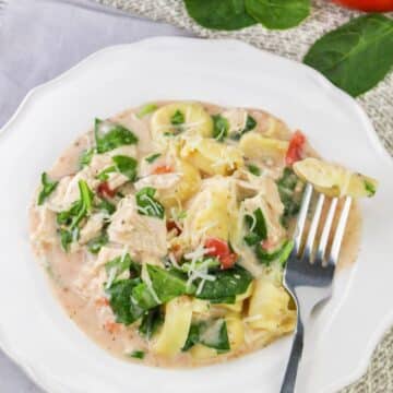 A creamy chicken and spinach tortellini dish on a white plate with a fork holding a piece of tortellini.