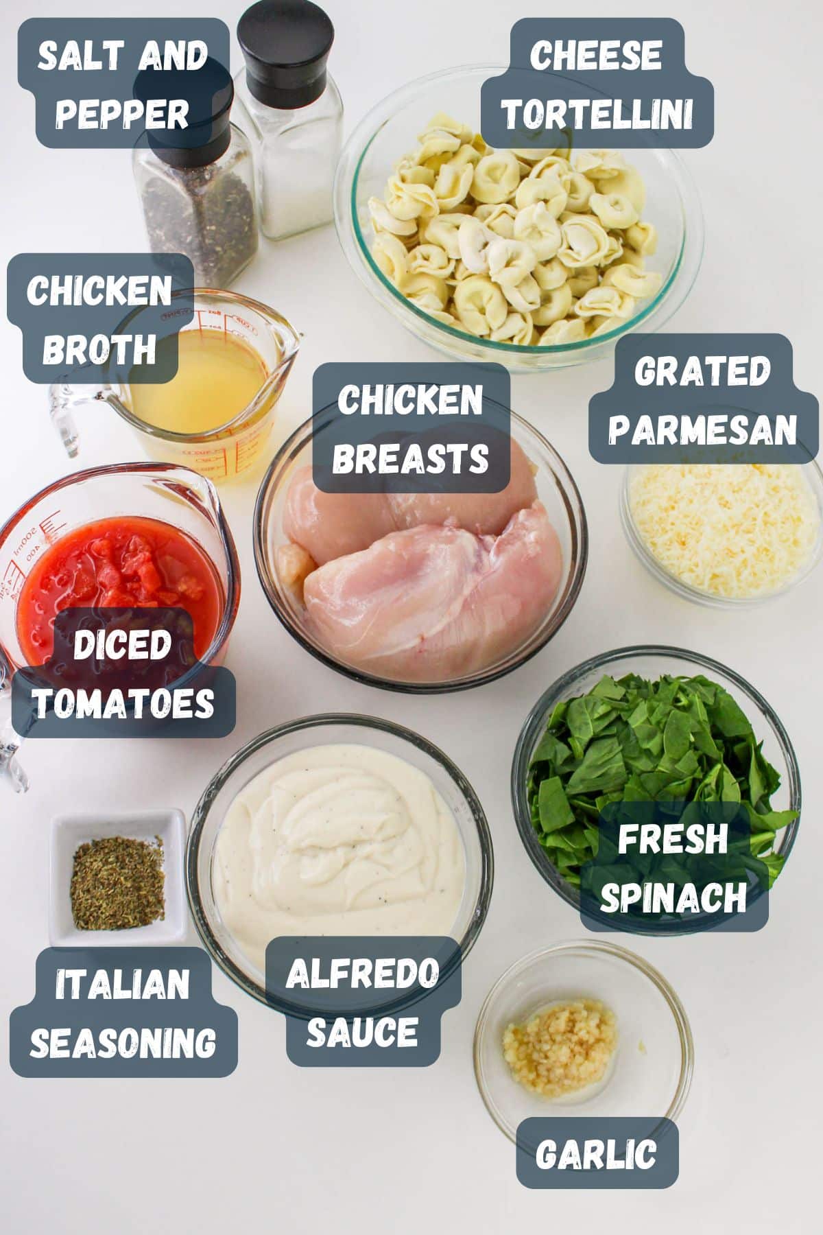 Ingredients for a recipe including chicken breasts, cheese tortellini, tomatoes, spinach, parmesan, broth, and seasonings.