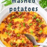 A bowl of twice-baked mashed potatoes topped with bacon and chives, with text "twice baked mashed potatoes.