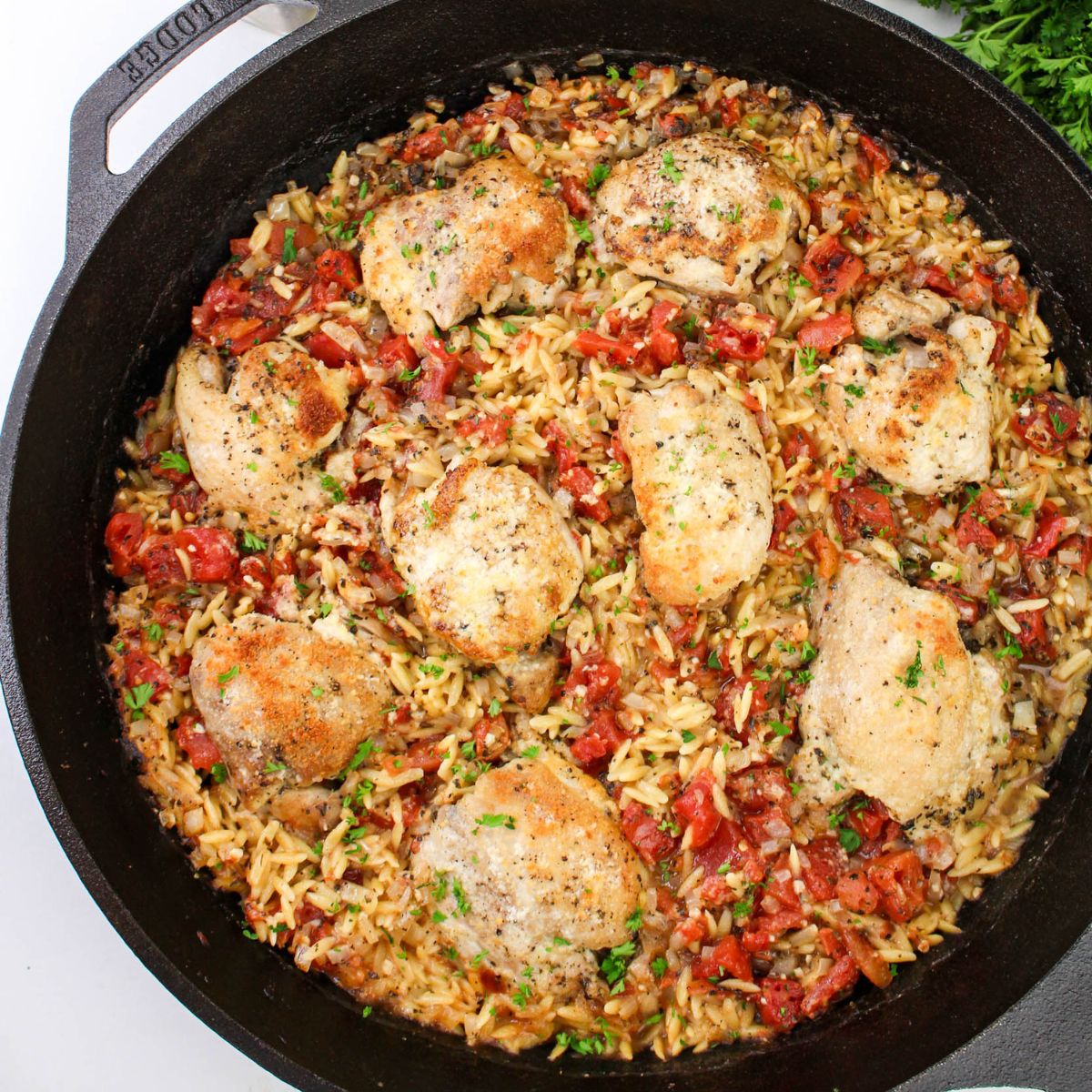 A skillet with seasoned chicken thighs on a bed of rice, tomatoes, and herbs.