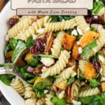 Enjoy a delicious Butternut Squash Pasta Salad, featuring tender pasta tossed with spinach, cranberries, and nuts, all drizzled with a flavorful maple Dijon dressing.