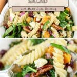 Butternut Squash Pasta Salad with spinach, oranges, pecans, cranberries, and cheese in a white bowl with a fork.