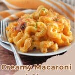 A plate of creamy macaroni and cheese garnished with herbs, with a fork and a baking dish in the background, promises classic comfort in every bite.