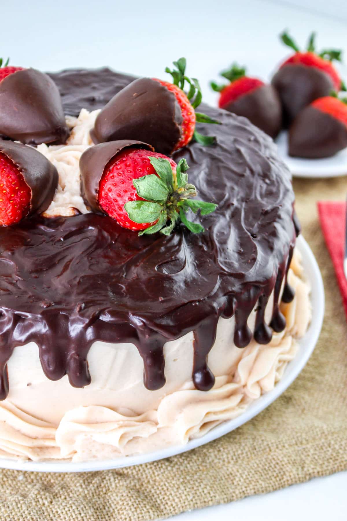 A chocolate-covered strawberry cake, featuring a rich ganache topping and garnished with luscious strawberries on a pristine white plate.