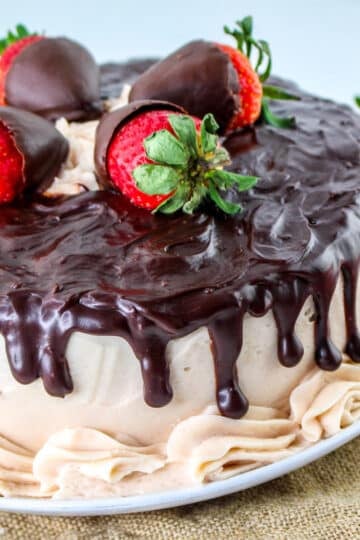 Indulge in a chocolate-covered strawberry cake featuring layers of rich chocolate cake topped with chocolate strawberries, drizzled ganache, and cream frosting, all elegantly presented on a white plate.