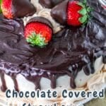 Indulge in a chocolate covered strawberry cake adorned with luscious chocolate drizzle and elegant cream swirls.