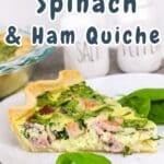 A slice of ham and spinach quiche on a plate with fresh spinach leaves; text overlay reads "Simple Spinach & Ham Quiche.