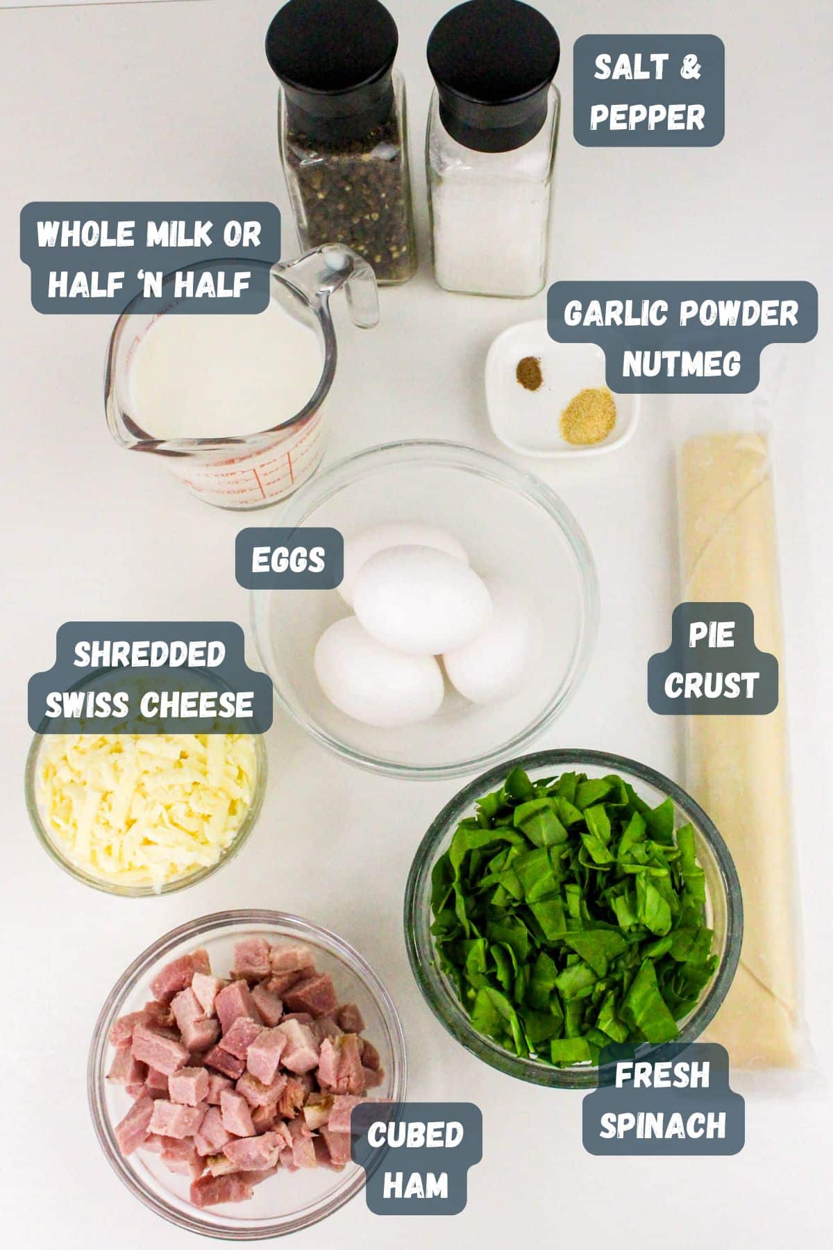 Ingredients for a quiche: eggs, milk, Swiss cheese, spinach, ham, pie crust, garlic powder, nutmeg, salt, and pepper.