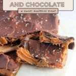 Chocolate and peanut butter date bark pieces on a white board, with text highlighting this delicious date bark treat above.