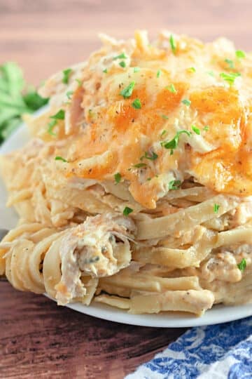 A plate of creamy chicken spaghetti topped with melted cheese and parsley, with a fork and parsley garnish nearby.