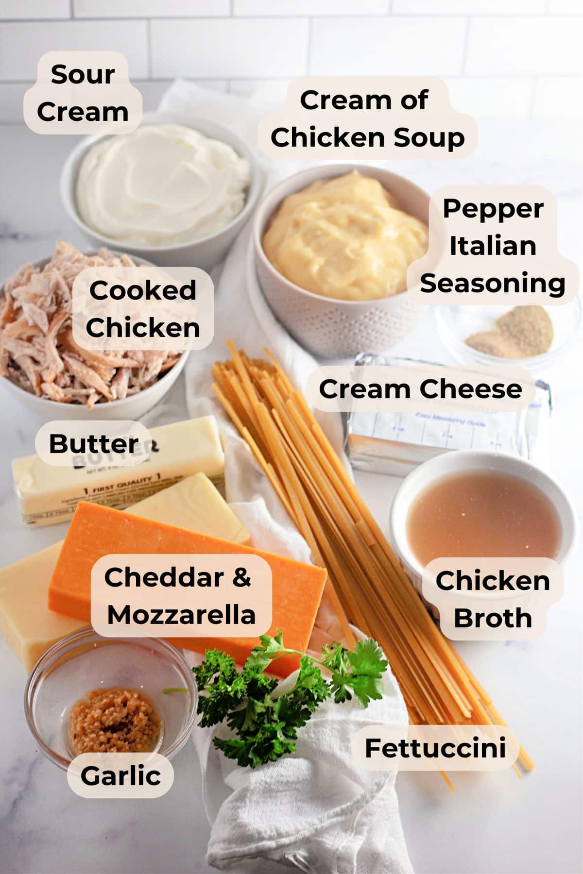 Ingredients for easy chicken tetrazzini, labeled, including cheese, sour cream, chicken, soup, pasta, and seasonings.