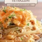 A plate of easy chicken tetrazzini topped with parsley, with text about the recipe and its approval.