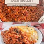 One pot Taco Rice Skillet with seasoned rice and melted cheese served on a white plate, garnished with herbs.