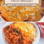 A cheesy one pot Taco Rice Skillet in a pan with a serving on a plate, topped with melted cheese and herbs.