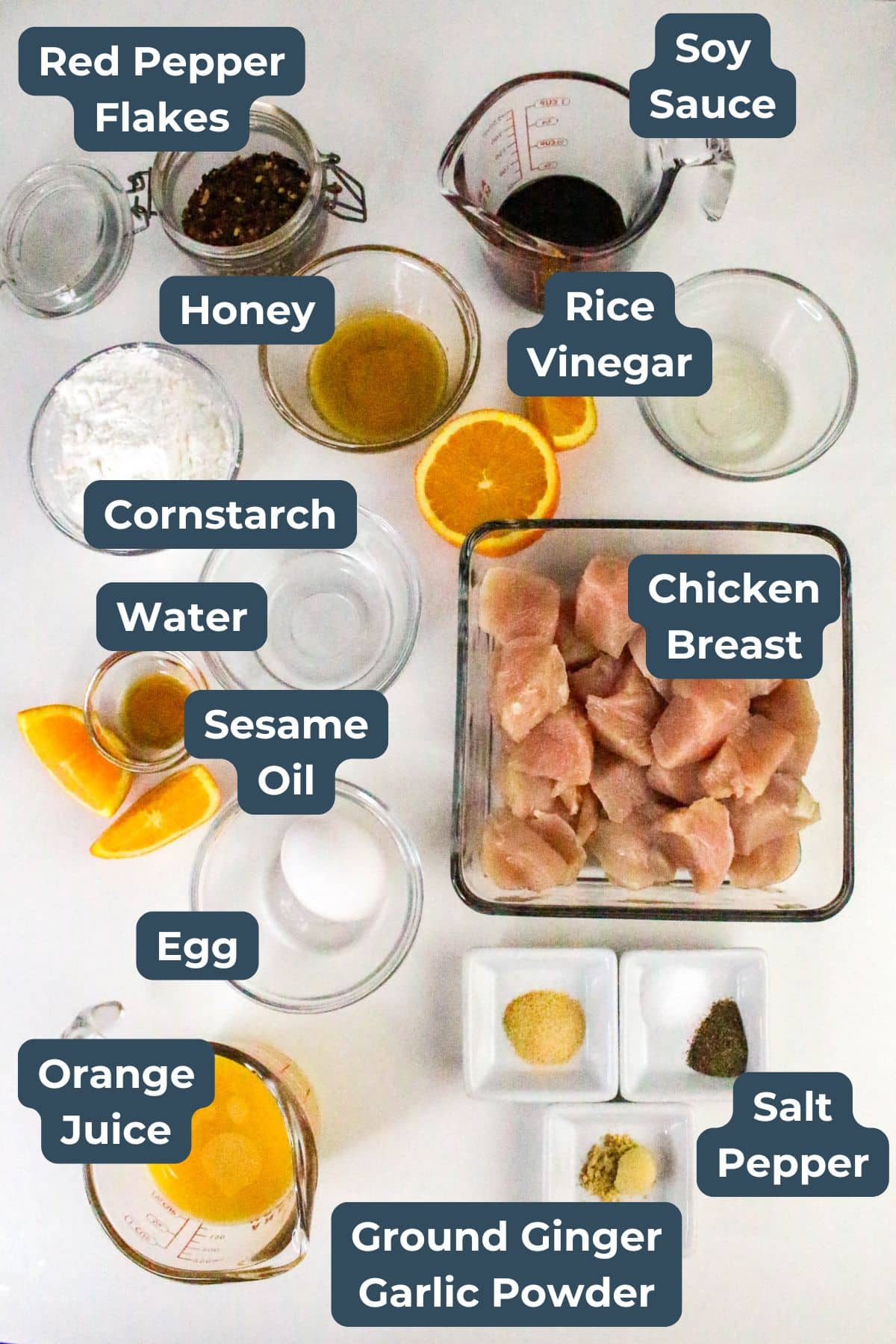 Ingredients for a recipe including chicken, soy sauce, rice wine vinegar, honey, pepper flakes, honey, cornstarch, water, sesame oil, orange juice, salt, pepper, ground ginger, and garlic powder. 