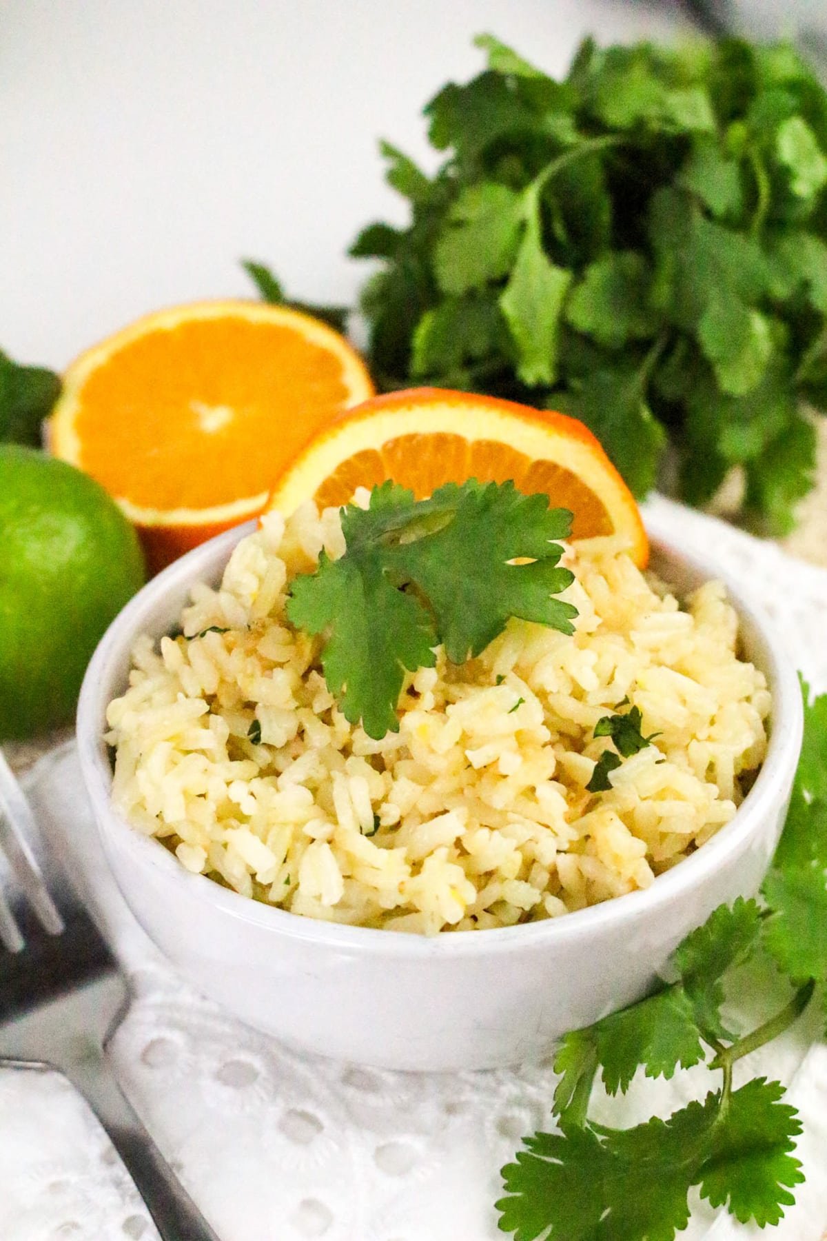 A bowl of rice garnished with cilantro and orange slices, with oranges and cilantro in the background.