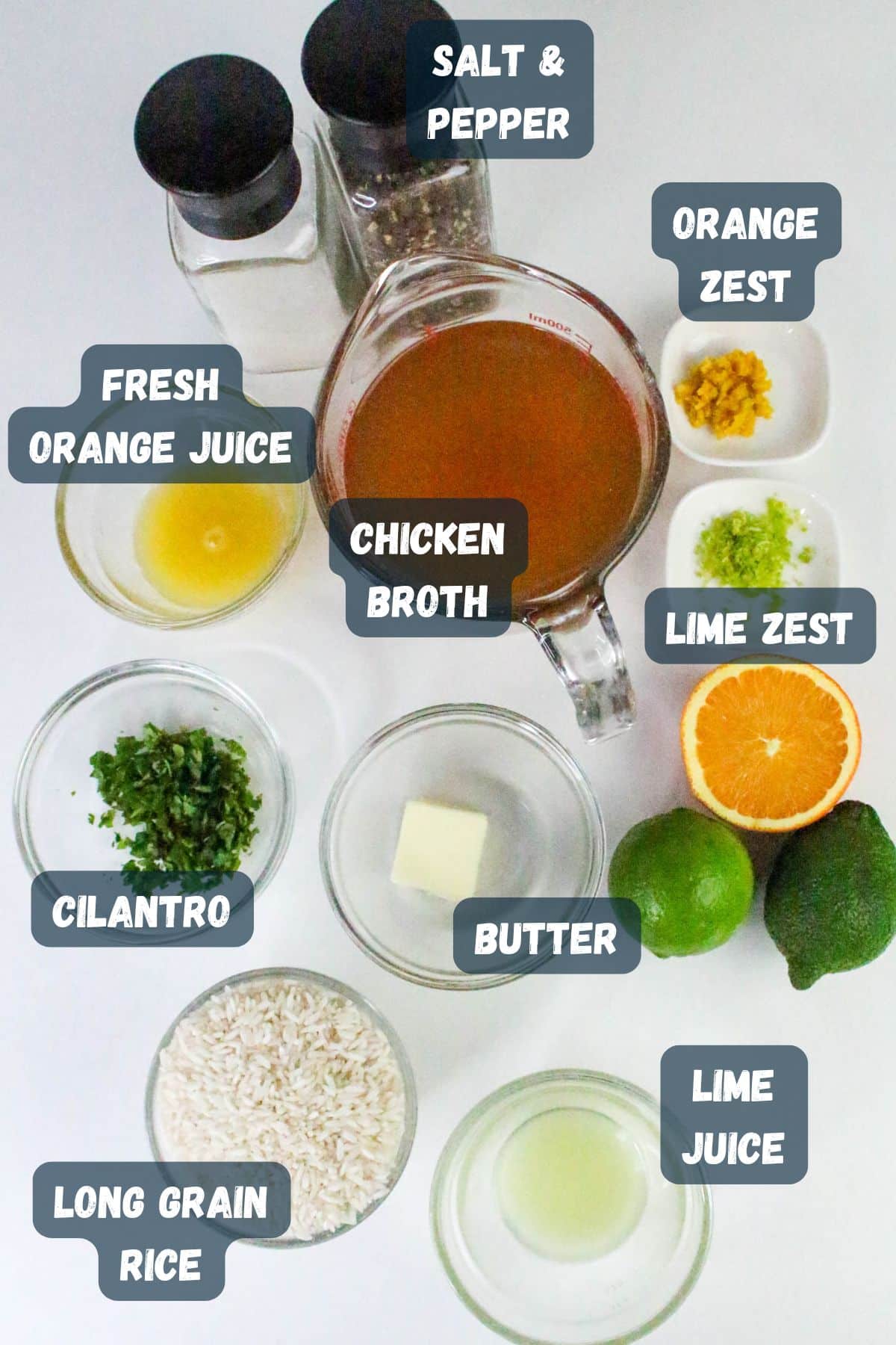 Ingredients for a recipe: chicken broth, orange juice, cilantro, rice, lime juice, butter, salt, pepper, zest, lime, and an orange.