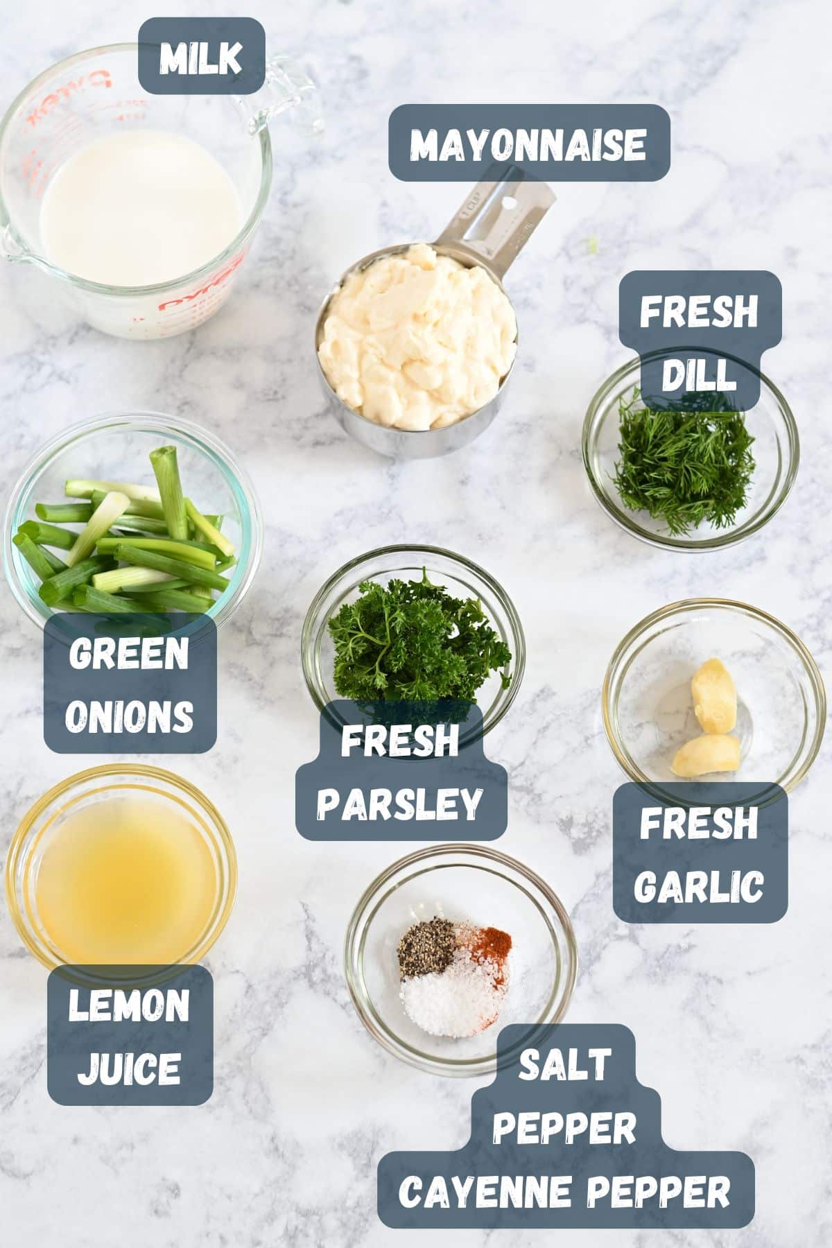 Ingredients for a recipe: milk, mayonnaise, green onions, fresh dill, fresh parsley, fresh garlic, lemon juice, spices.