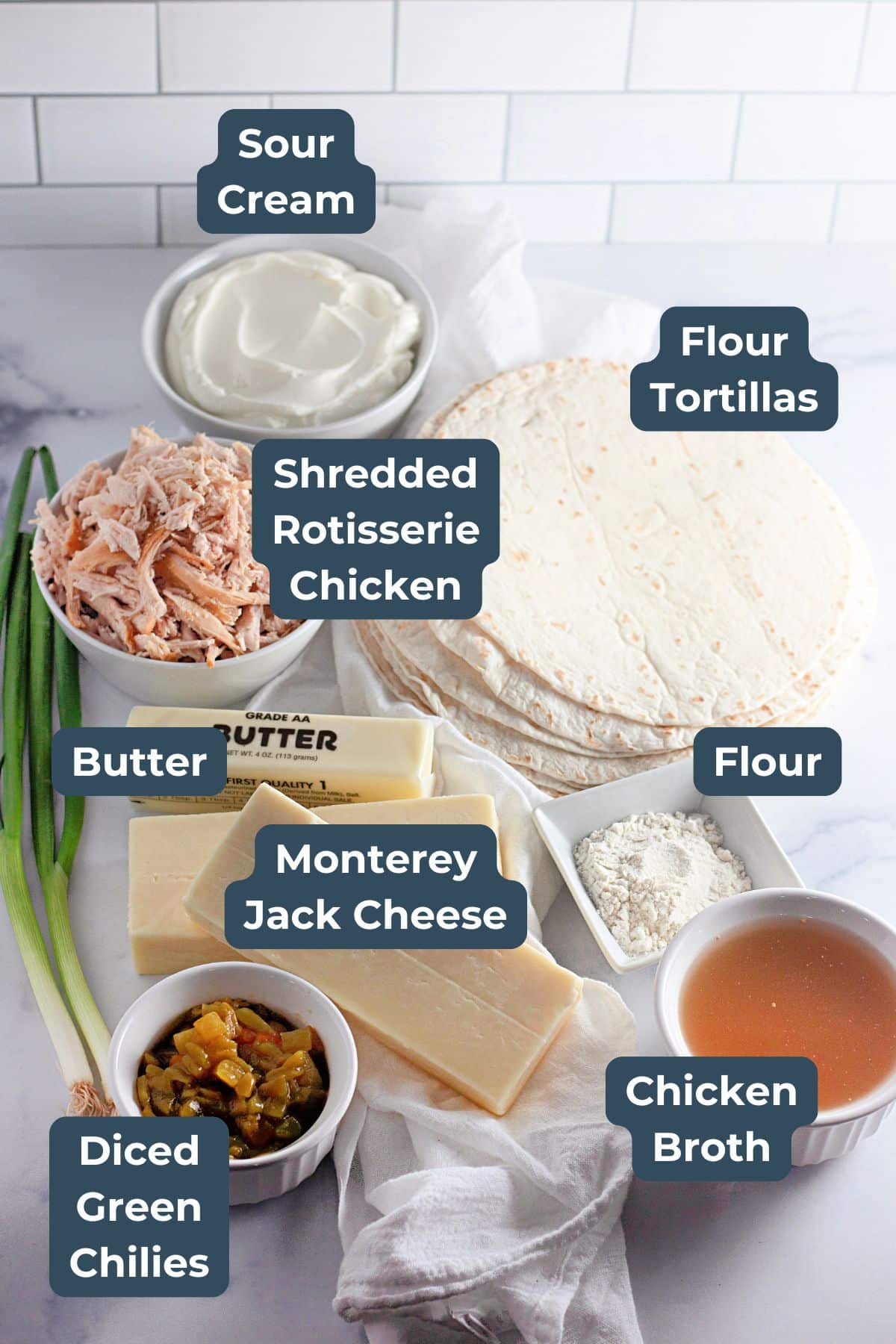 Ingredients for a dish include sour cream, tortillas, shredded chicken, butter, cheese, flour, broth, chilies, and onion.