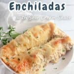 Two chicken enchiladas with sour cream sauce sit enticingly on a white plate, adorned with a delicate garnish. A text overlay graces the top, inviting you to indulge in this creamy delight.