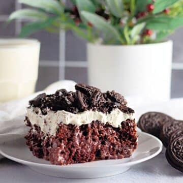 A slice of chocolate cake with cream and crushed cookies on a plate, with a glass of milk and plants behind.