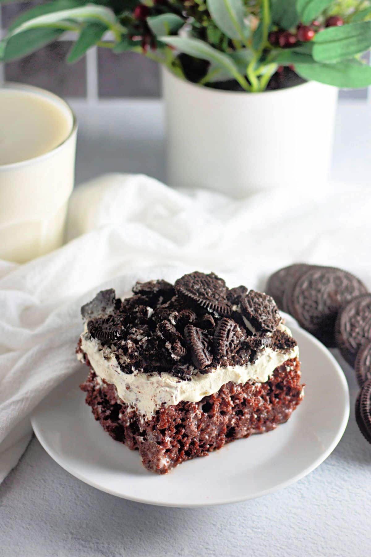 A slice of chocolate cake with cream and crushed cookies on a white plate, next to a cup and potted plant.