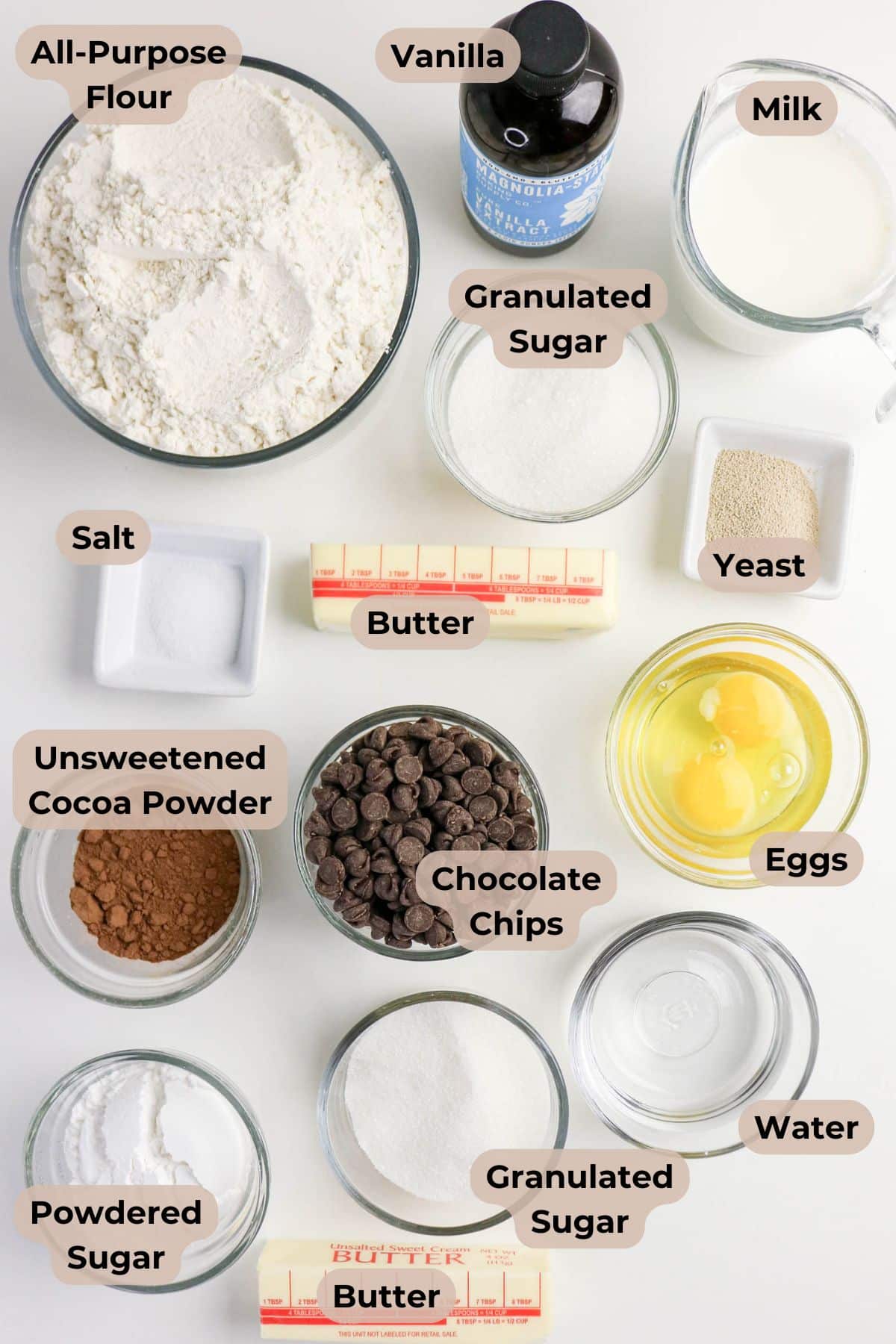 Baking ingredients labeled in bowls and cups, including flour, sugar, eggs, butter, cocoa, yeast, and milk.