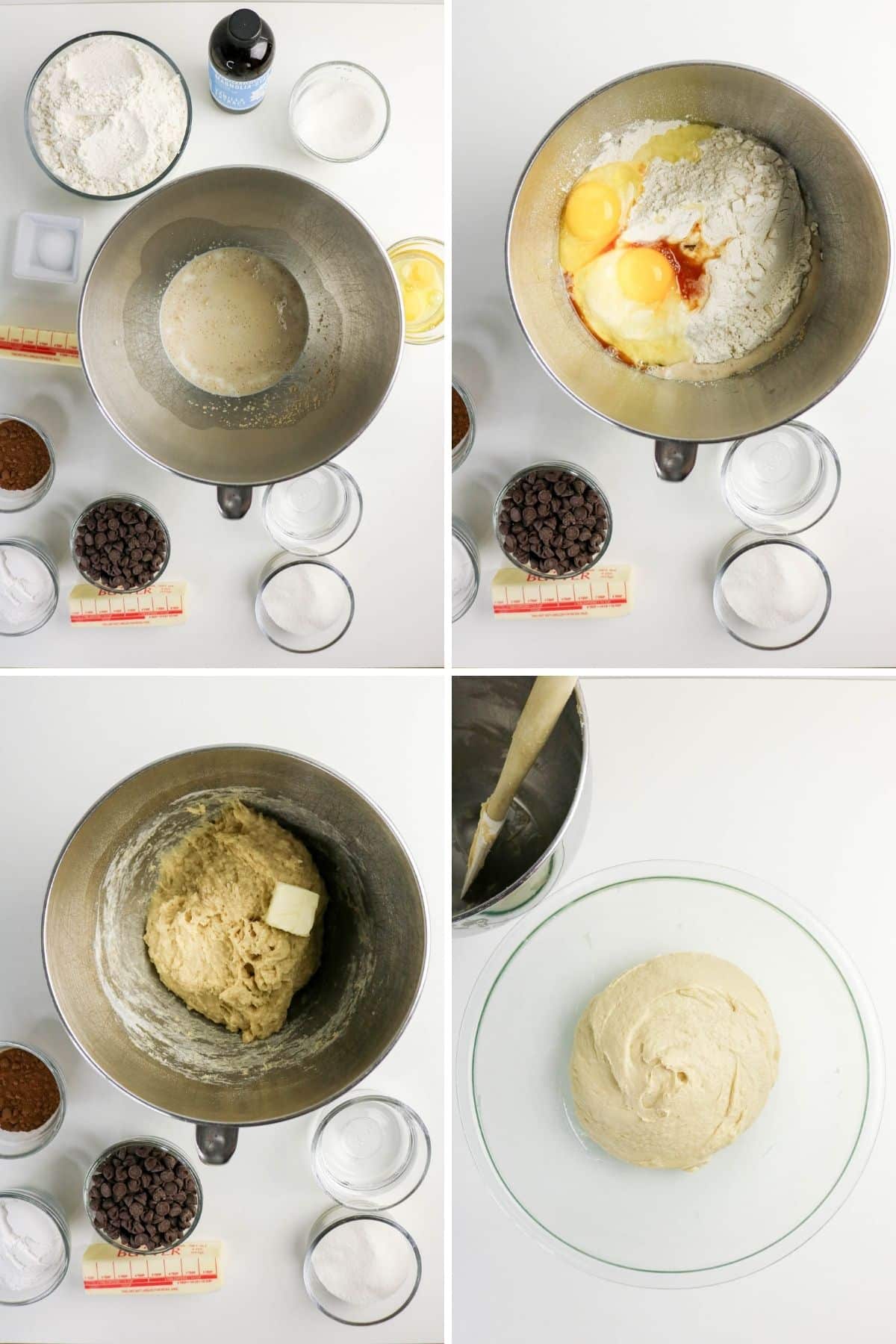 Four steps of Babka dough preparation, showing ingredients, mixing, and dough in bowls.