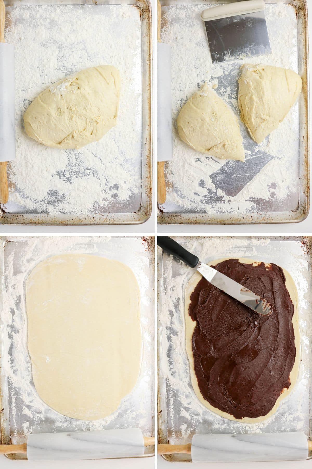 Four-step baking process: dough on floured tray, dough cut, rolled out, then spread with chocolate filling.