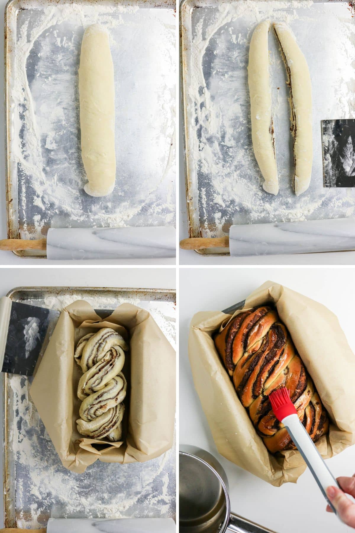 Four-step process of making a braided bread loaf, from shaping dough to brushing baked bread with glaze.