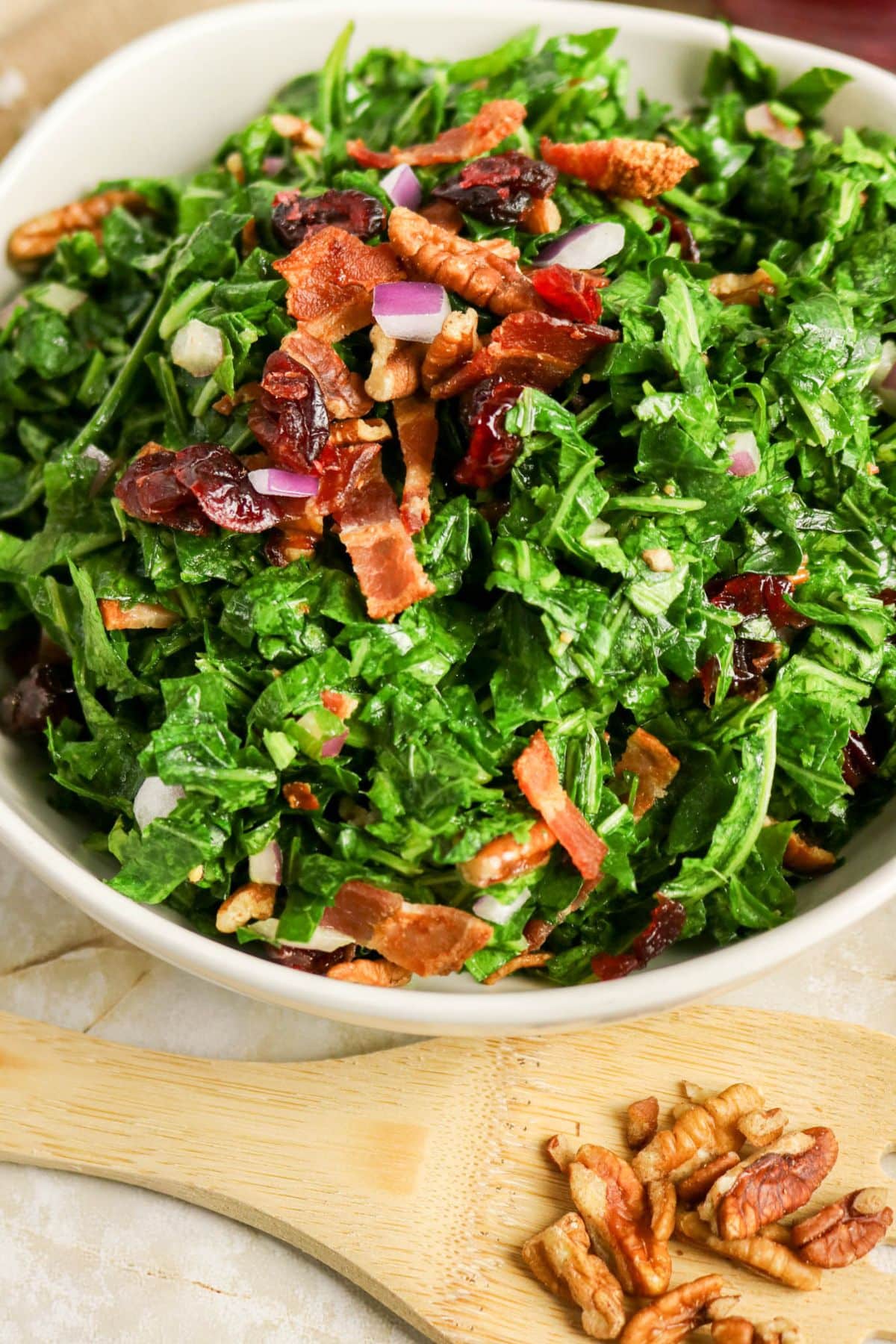 Chopped kale salad with bacon, red onion, pecans, and dried cranberries in a white bowl.