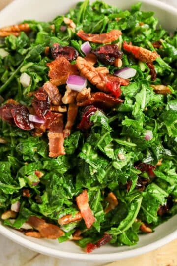 Chopped kale salad with bacon, pecans, dried cranberries, and red onion in a white bowl.