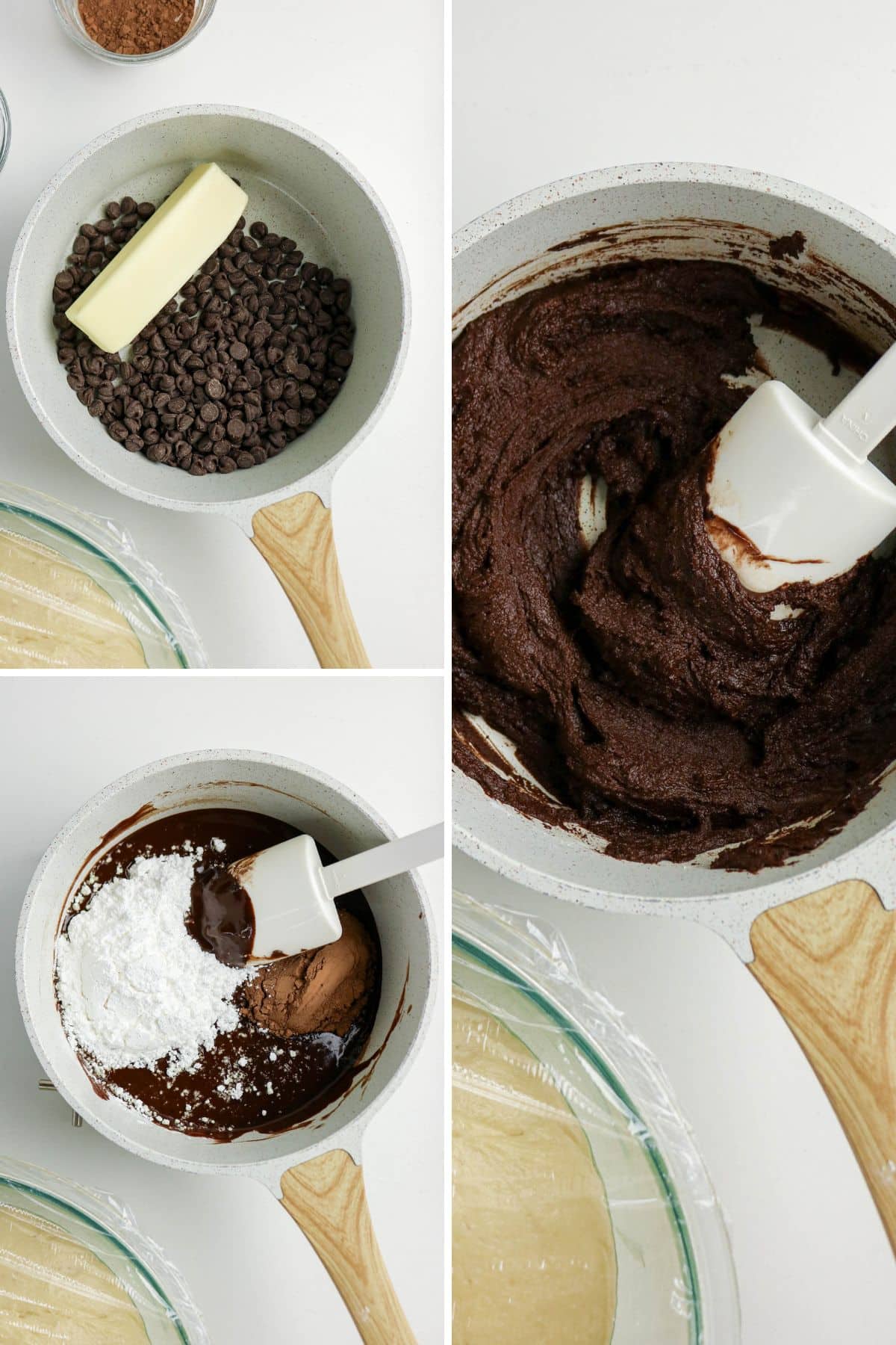 Collage showing steps of melting butter with chocolate chips, mixing, and adding cocoa and sugar in a saucepan.