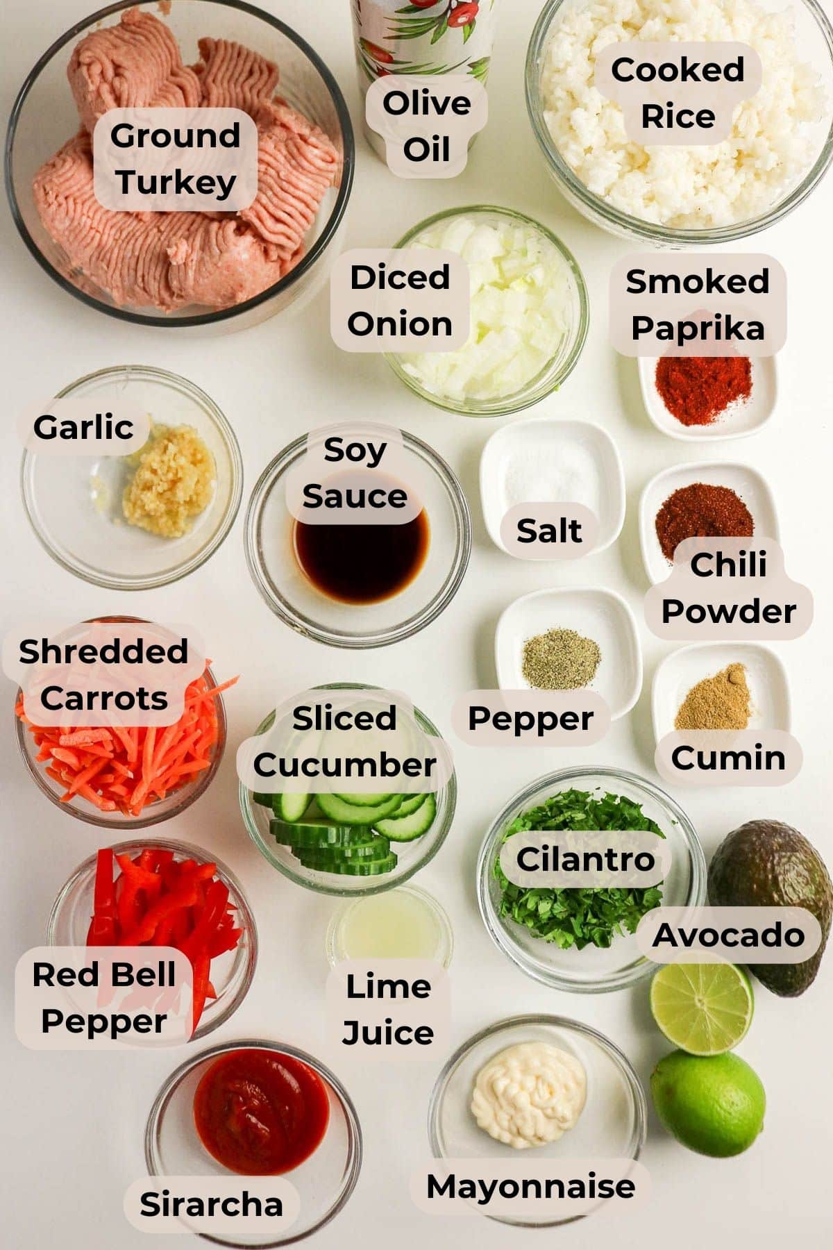Ingredients for a recipe including ground turkey, rice, vegetables, spices, sauces, and avocado, labeled in bowls.