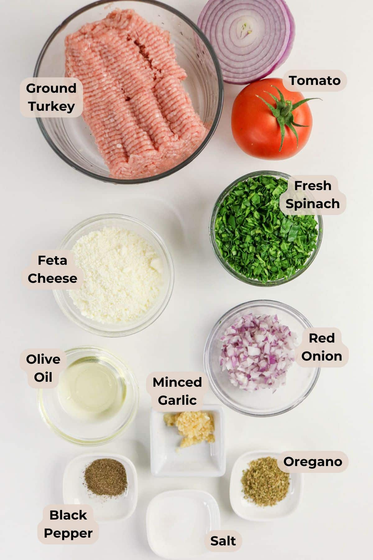 Ingredients for a recipe: ground turkey, tomato, spinach, feta, olive oil, garlic, red onion, oregano, salt, pepper.