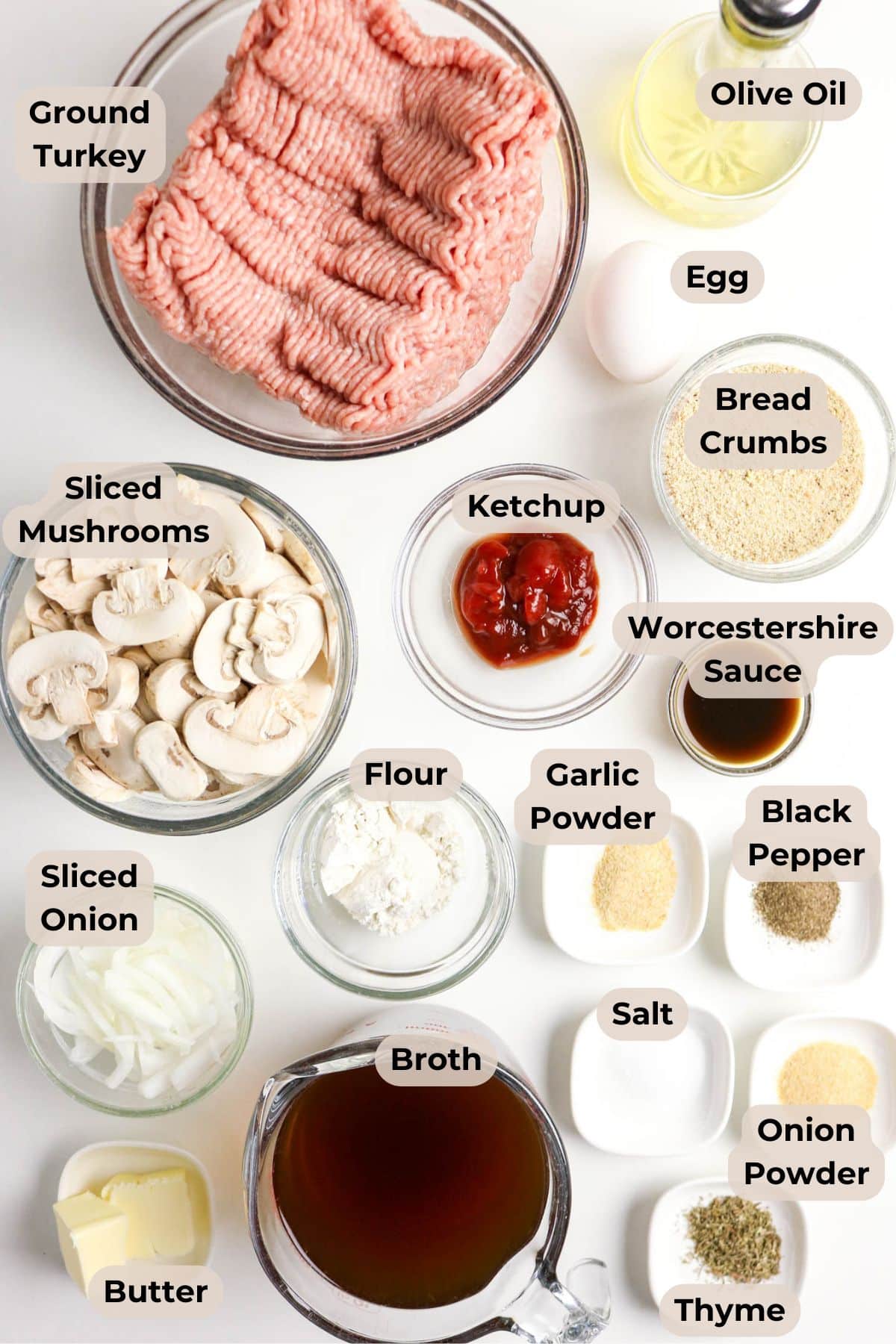 Ingredients for Ground Turkey Salisbury Steak, including ground turkey, spices, broth, egg, oil, ketchup, sliced mushrooms, and onions.