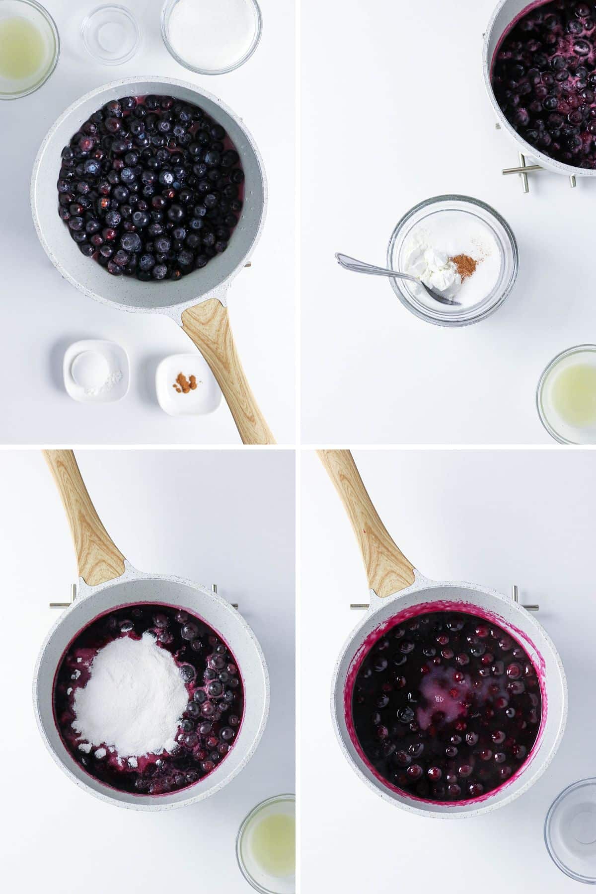Four images show making blueberry sauce: blueberries in a pot, dry ingredients, and stirring sugar into the mixture.