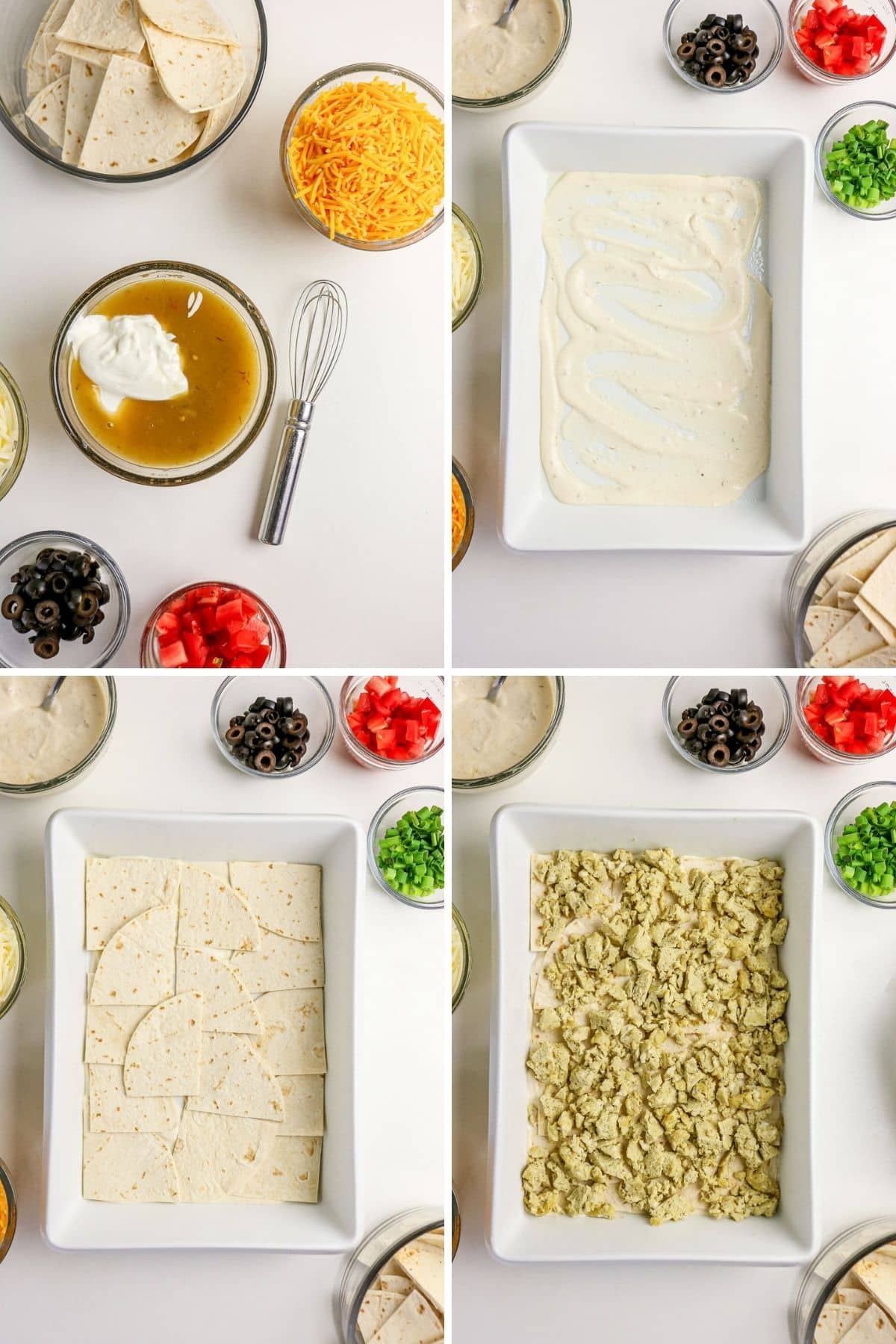Four-step collage showing breakfast enchilada casserole prep with tortillas, sauce, cheese, eggs, and toppings.