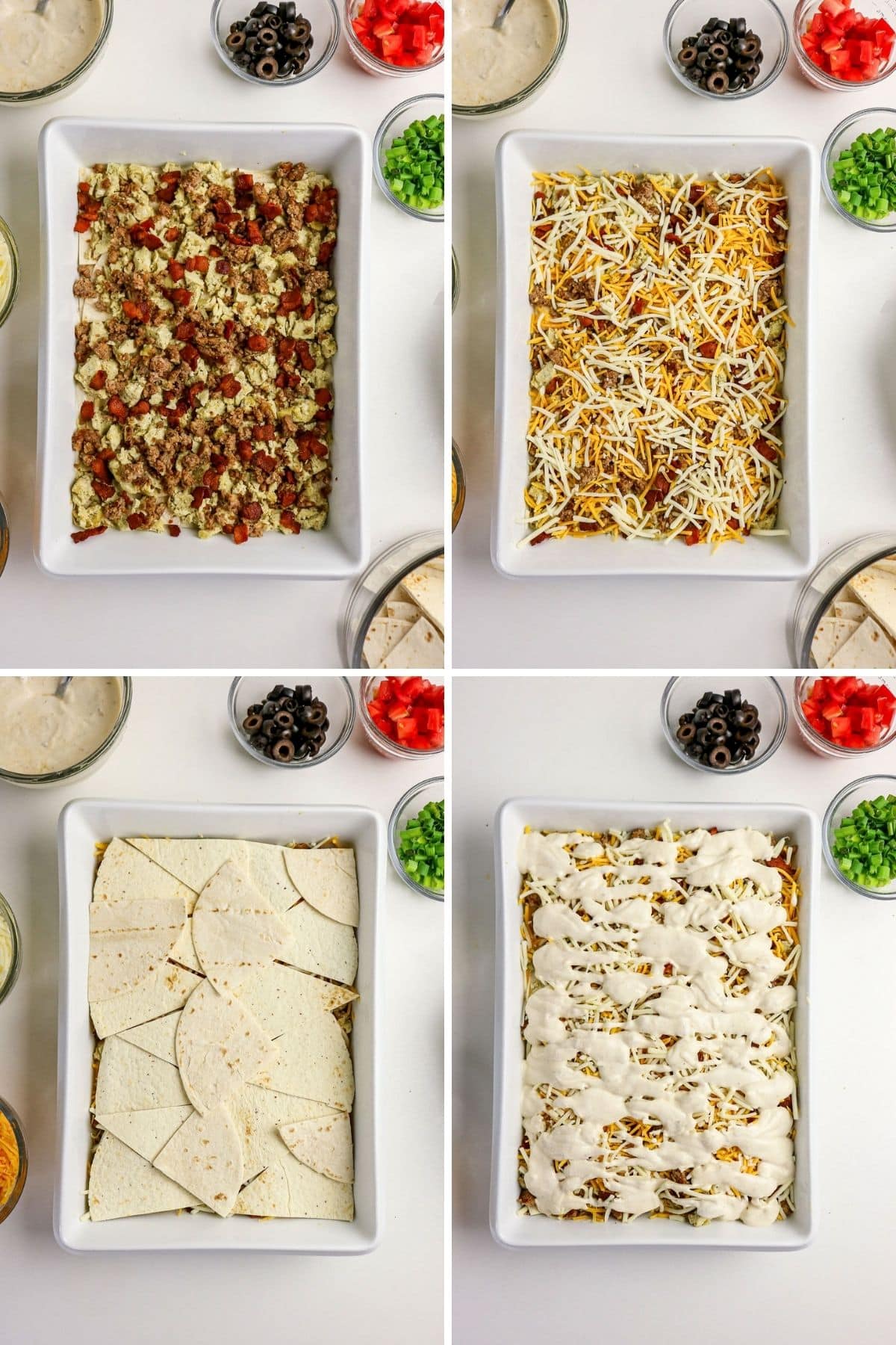 Four-step collage showing taco casserole layers: meat, cheese, tortillas, and sauce in a white baking dish.