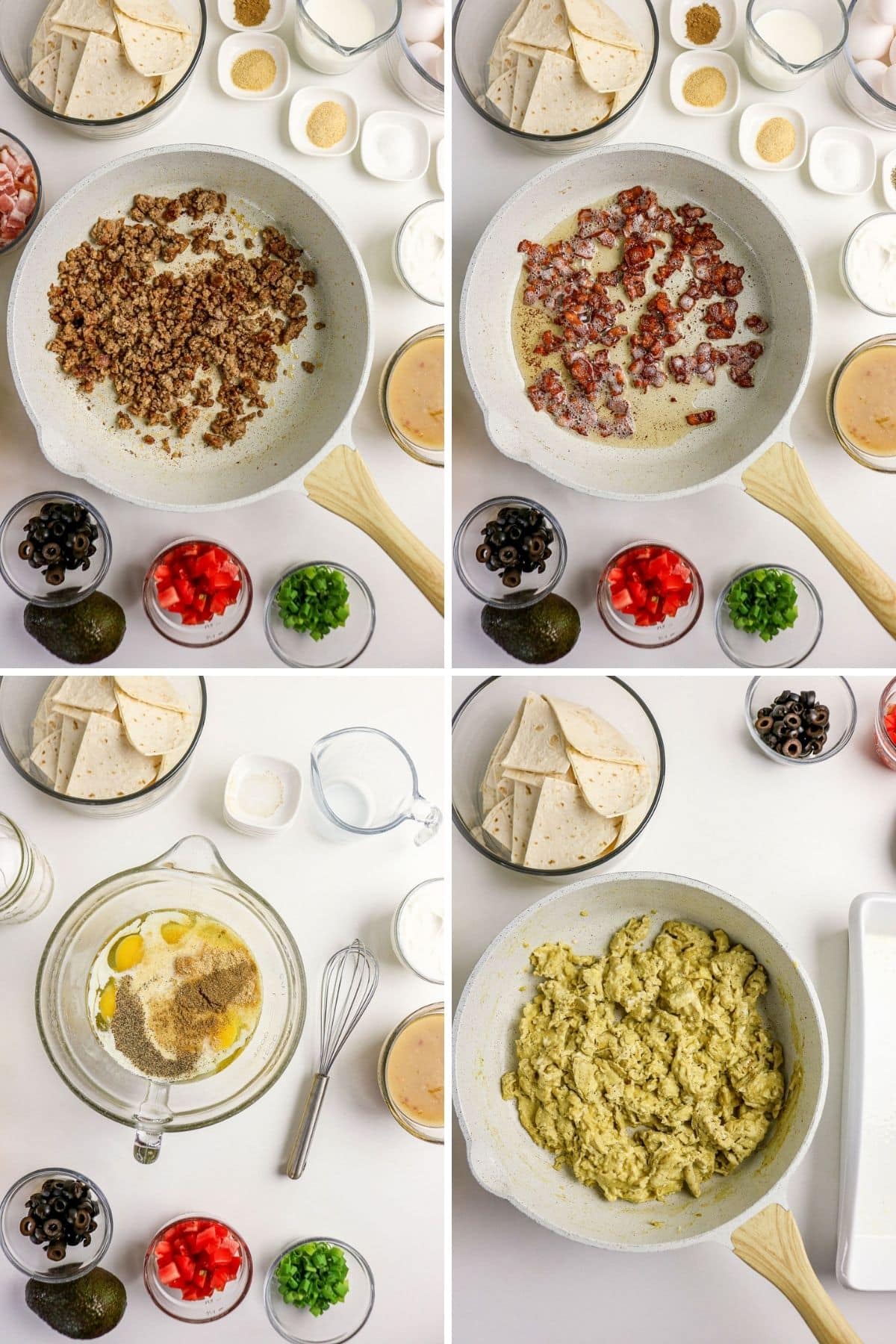 Collage showing cooking ground meat, bacon, eggs, and preparing ingredients for a breakfast casserole.