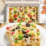 Enchilada breakfast casserole topped with avocado, olives, tomatoes, and cheese, served on a white plate.